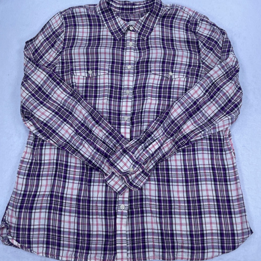 Purple Plaid Flannel Button Down Shirt Cotton Rayon Blend Large